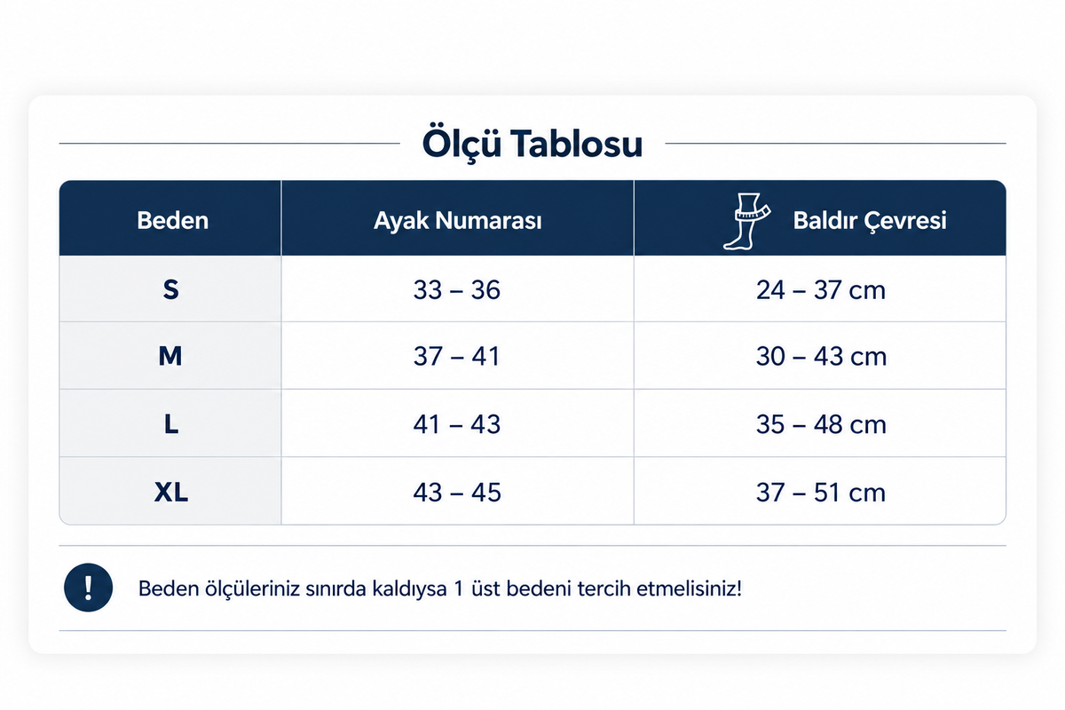 Kompresyon Çorabı beden ve ölçü tablosu
