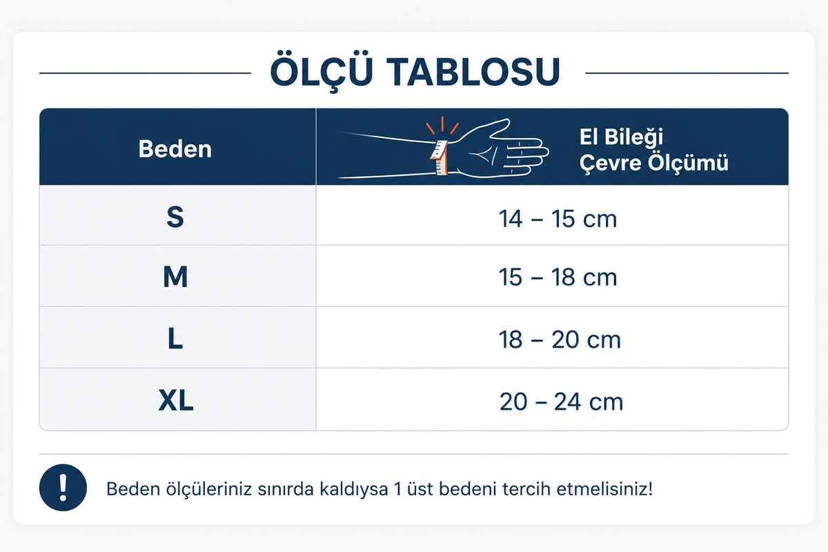 El Bilek Desteği beden ve ölçü tablosu